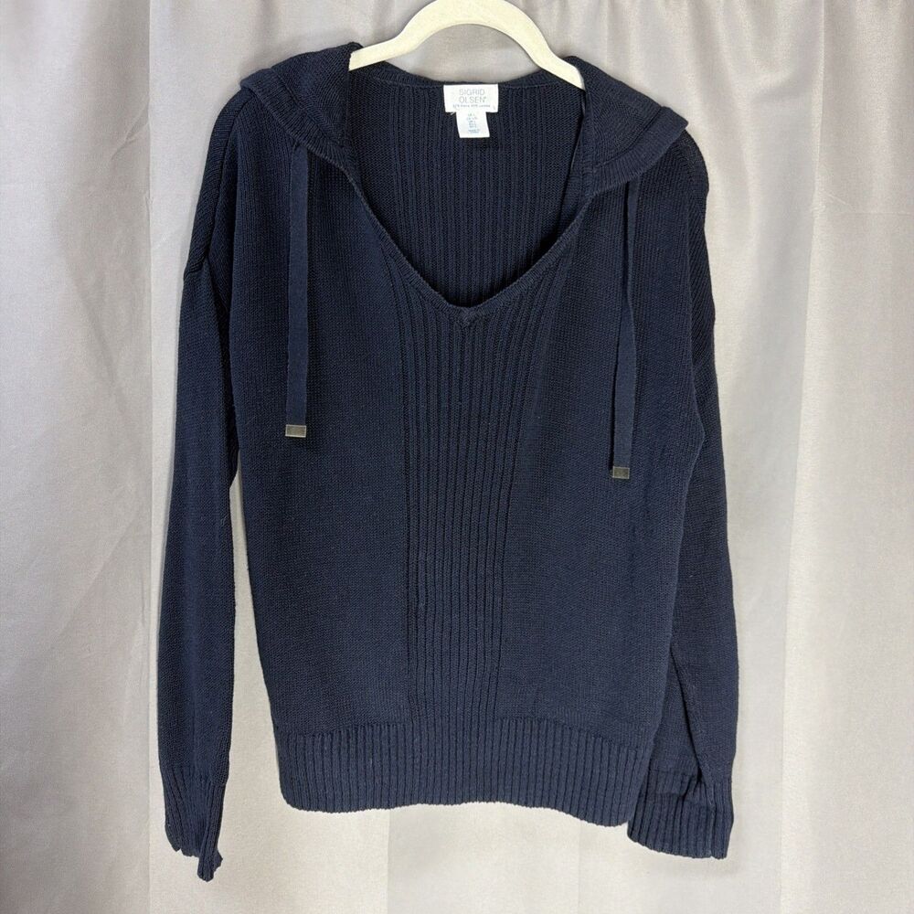Sigrid Olsen Sweater Womens Large L Navy Blue Hooded Linen Cotton Pullover Knit